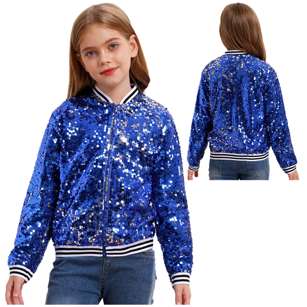 Kids Girls Long Sleeve Fashion Sequin Baseball Jacket Bomber Coat Hip Hop Jazz Street Dance Cheerleading Performance Dancewear