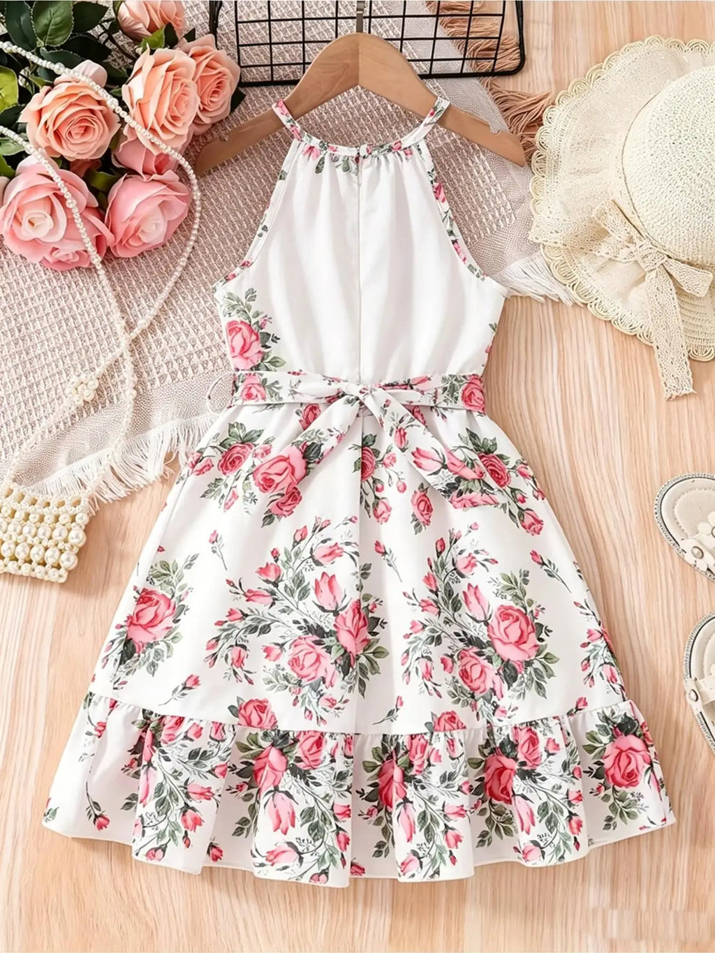Elegant Fitted Dress for Kids,Perfect for Warm Weather, Little Girl Boho Floral Halter Dress, Tiered Ruffle Hem Summer Sundress