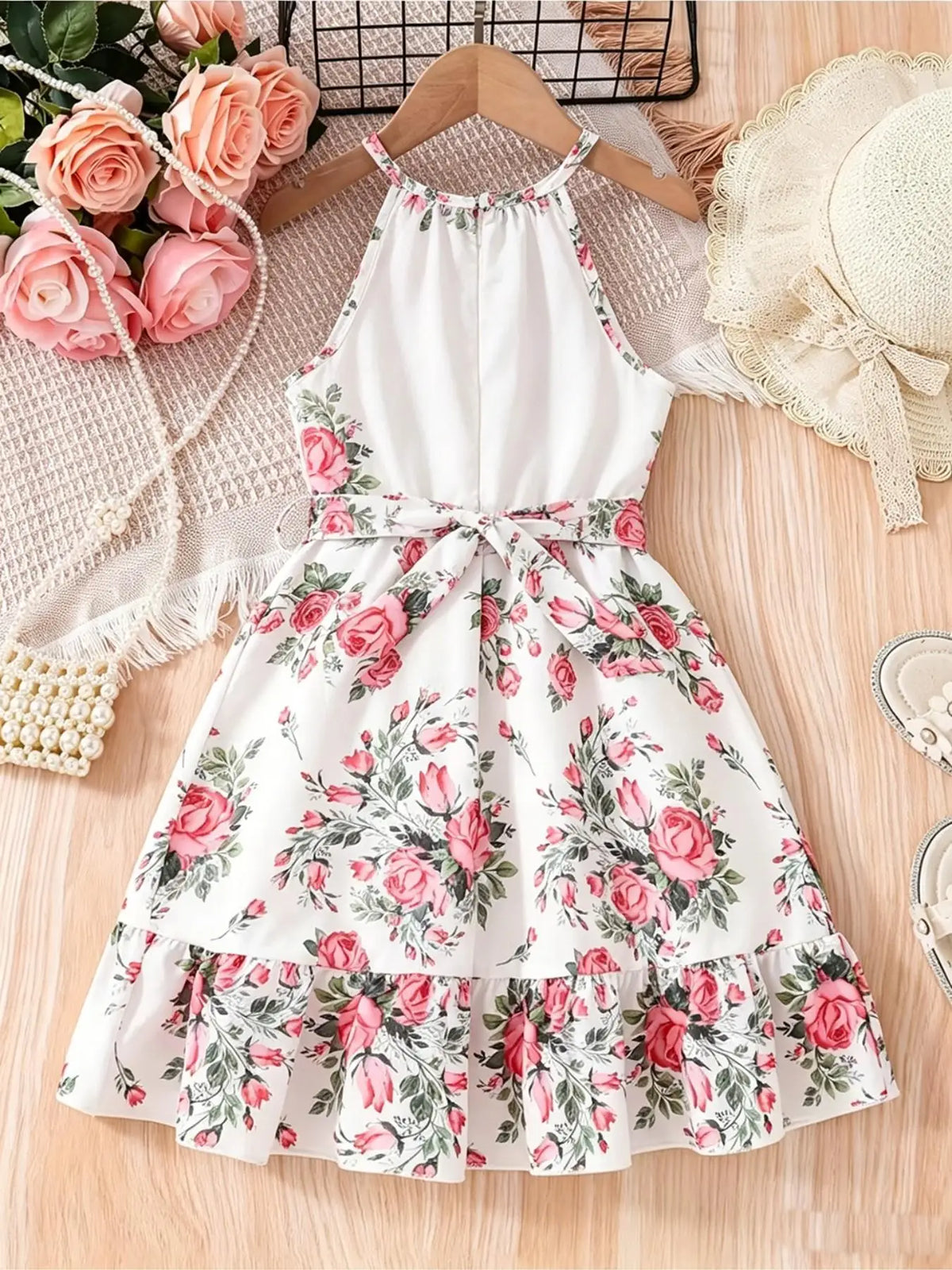 Elegant Fitted Dress for Kids,Perfect for Warm Weather, Little Girl Boho Floral Halter Dress, Tiered Ruffle Hem Summer Sundress