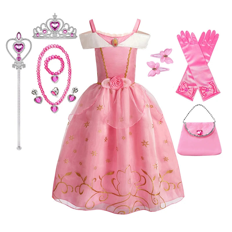 Kids Girls Fairytale Princess Fancy Dress Pink Embroidered Tulle Cosplay Outfit for Halloween Carnival Birthday Daily Wear
