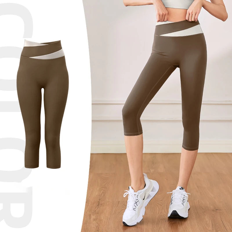 Women Sport Leggings High Waist Cropped Yoga Pants Running Capris Patchwork Color Crossover Gym Workout Tights Slim Sportswear