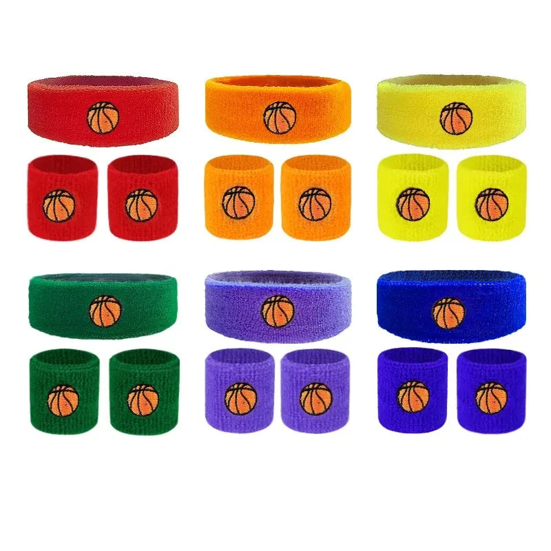 1 Set Kids Sports Headband Wristband Ball Embroidery Stretch Boys Girls Knitted Basketball Volleyball Wrist Protector Sweatband