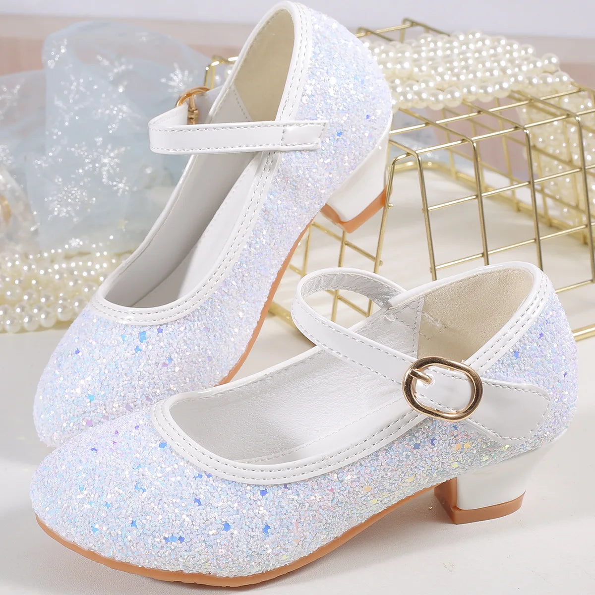 2025 New Children High Heels Red White Pink Sliver Girls Sequin Princess Shoe Four Seasons Students Dance Performance Show Shoes
