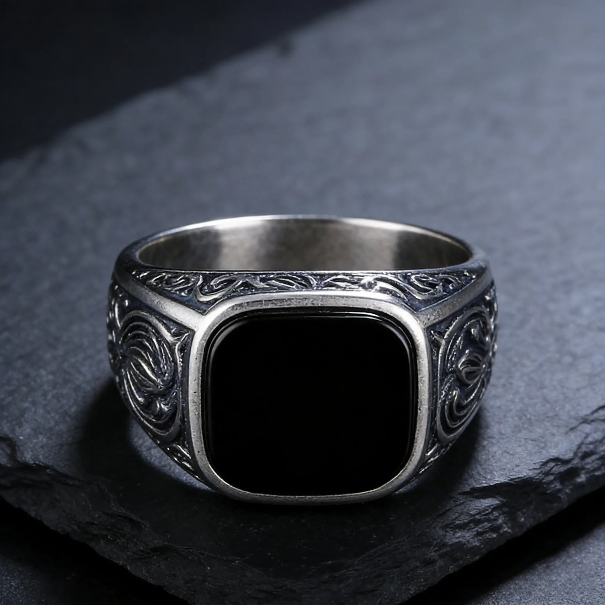 Men‘s Black Onyx Ring, 12x14mm Square Gem Carved Vintage Sterling Silver Band, Bold Gothic Statement Jewelry Gift for Him