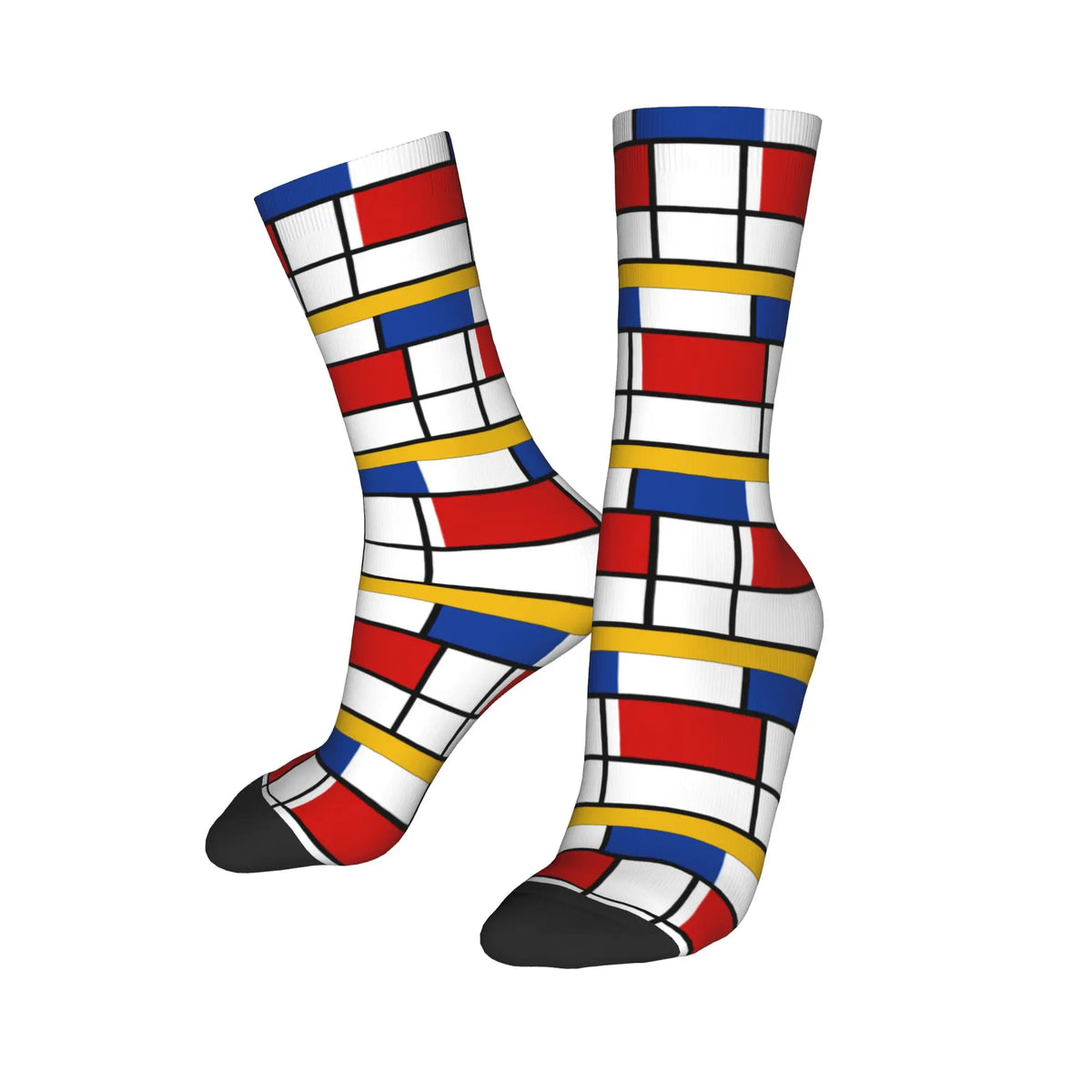 Custom Color Art Retro Mondrian Men Women Crew Socks Unisex Fashion 3D Printed Abstract Art Plaid Dress Socks
