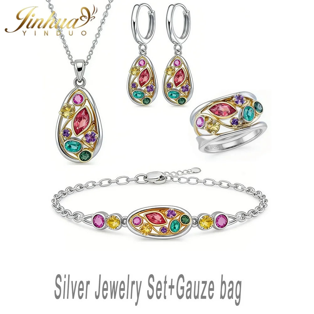 Wellness Jewelry Gift Set 925 Sterling Silver Women Improve Blood Circulation Natural Quartz Stone Bohemian Multicolor Crystals