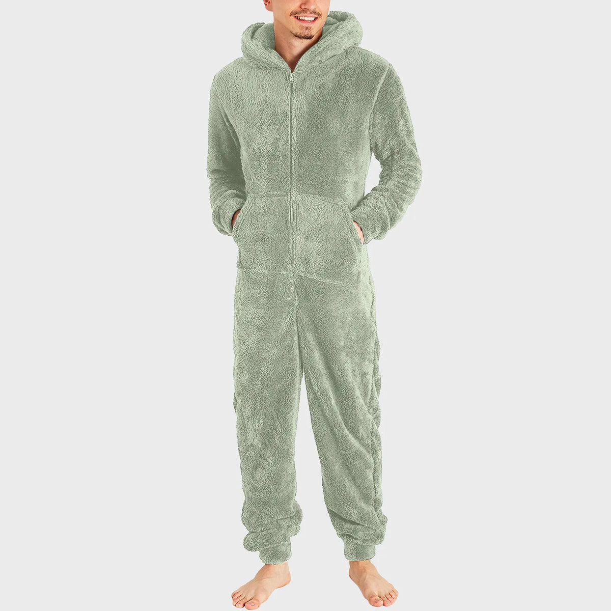 Winter Warm Men Plush Pajamas Big Size Coral Fleece Jumpsuit Hoodies Bodysuit Fleece Pajamas Daily Hooded Flannel Homewear