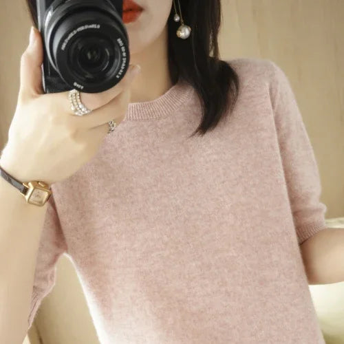 2025 Spring Summer Womens Sweater Short Sleeve O-neck Slim Fit Knitted Pullovers Bottoming Casual Knitwear Camel Pink Clothes