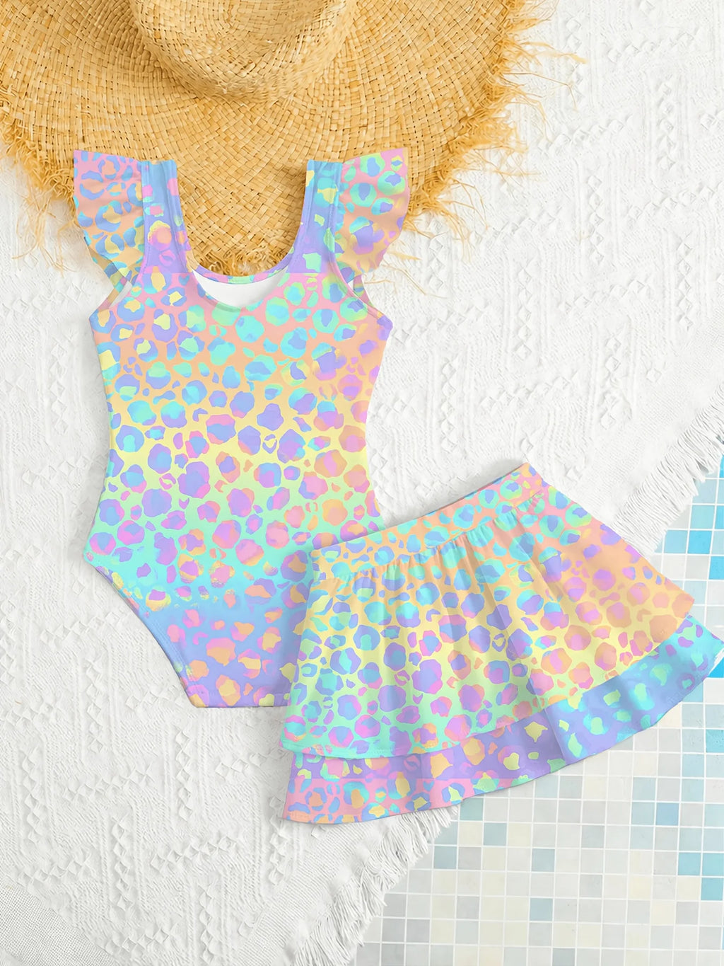 Girls' Summer Casual Swimwear, Children's One-Piece Swimsuit, Beach Dress, Two-Piece Girls' Swimsuit, Gradient Rainbow Cartoon Print, Sweet and Cute, Suitable for Girls Aged 4-12, Pool and Beach Clothes