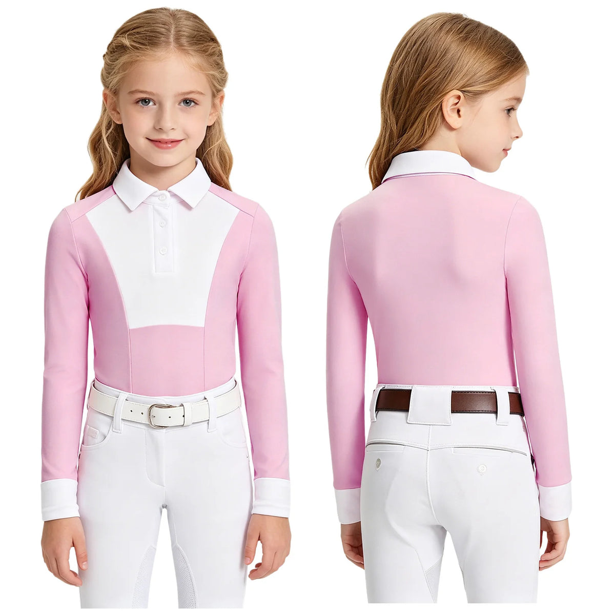 Kids Girls Horse Riding Sports Shirts Top Long Sleeve Buttons Contrast Color Shirt Equestrian Clothing Golf Workout Activewear