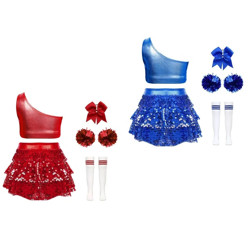 4-16 Kids Girls Cheerleading Performance Outfit Crop Top With Skirted Shorts Culottes Party Competition Dance Class Theme Party