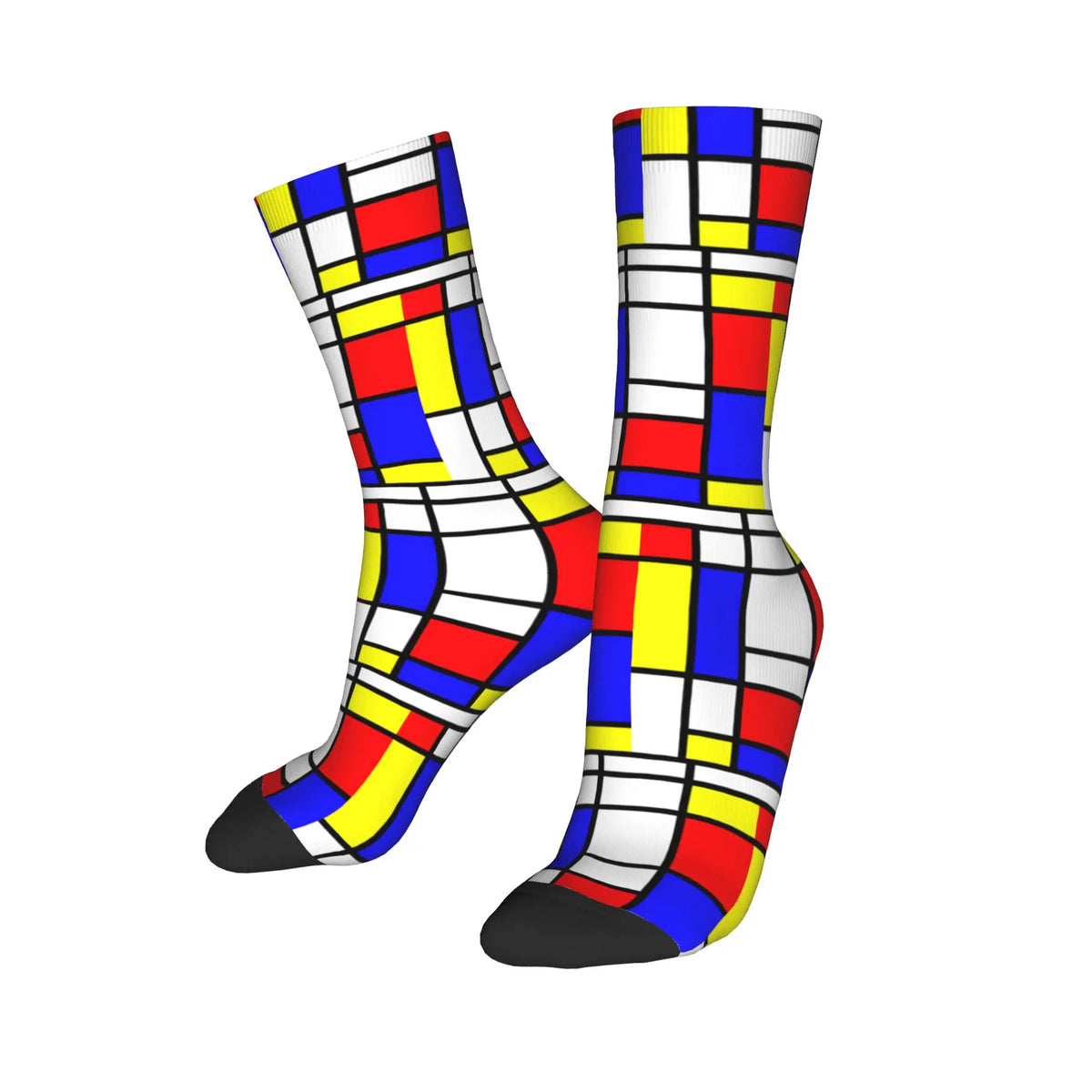 Custom Color Art Retro Mondrian Men Women Crew Socks Unisex Fashion 3D Printed Abstract Art Plaid Dress Socks