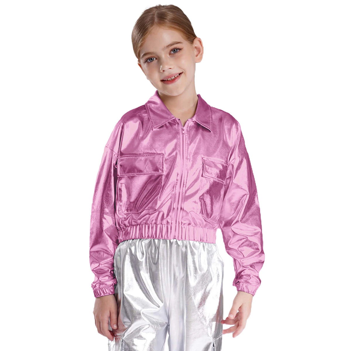 Kids Boys Girls Metallic Shiny Jacket for Hip-Hop Jazz Dance Tops Long Sleeve Flap Pockets Outwear Dancing Performance Costumes