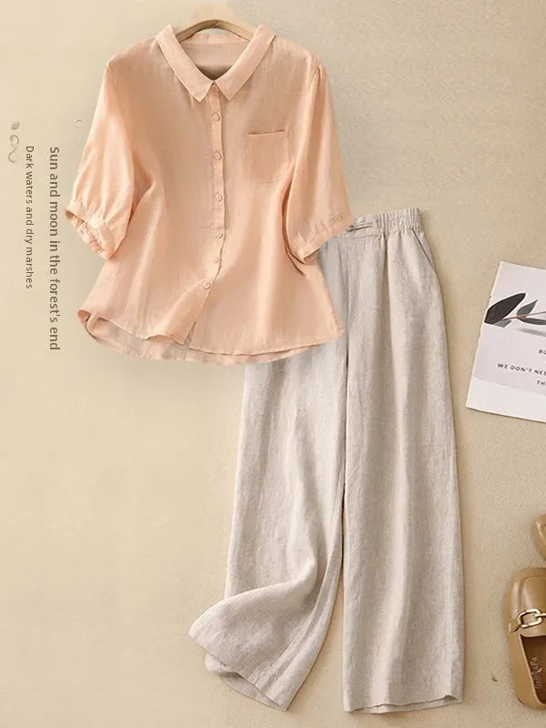 Large Size Summer Cotton Linen Set for Mom Casual Faionable Belly Covering Two Piece Suit ort Sve  Collar Button up