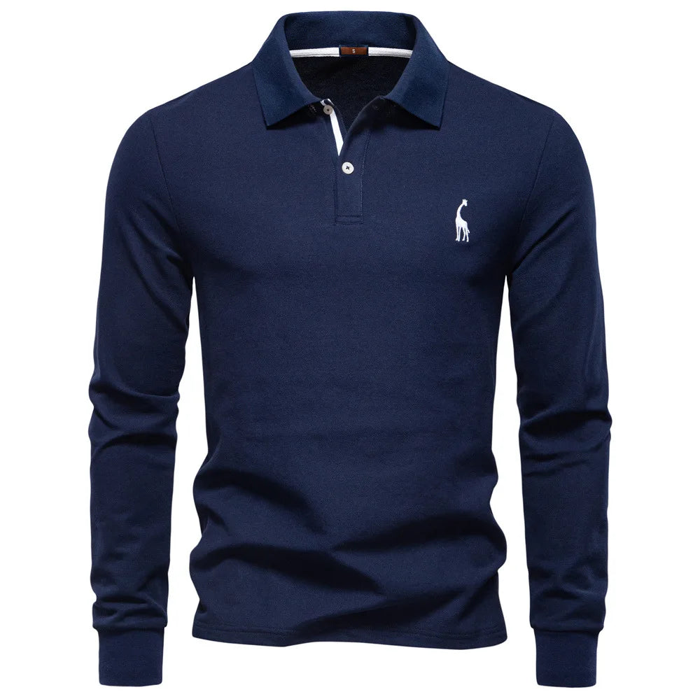 2025 Autumn New Men's Deer Embroidery Cotton Rich Blend Breathable Polo Shirts Long Sleeve Social Business Golf Polo Shirts Male