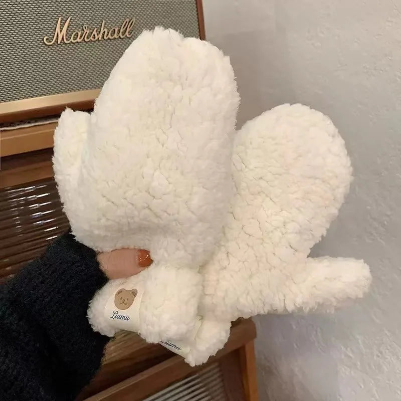 Women's Gloves Korean Kawaii Cute Sweet Preppy Style Funny Verstaile Thicked Funny Plush Warm Windproof Mittens For Girl Gift