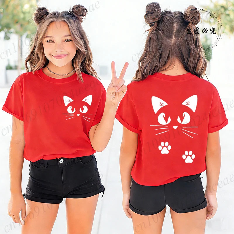 Summer Girls T-shirts Clothes Kid Girls Tshirts Casual Clothes Kwaii Cat Anime Print Cotton T-shirts Anime Children Fashion Tops