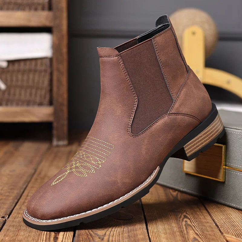 Men's Boots Classic Black Chelsea Boots Luxury Pointed Leather Booties Thick Heel Business Dress Boots for Men Botas Para Hombre
