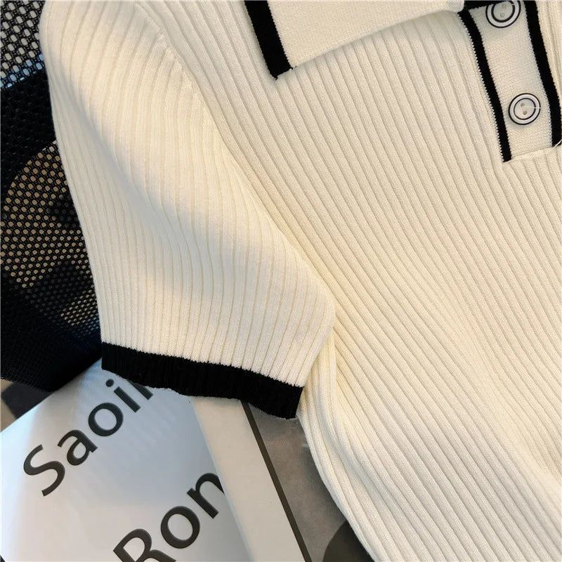 Ice Silk Polo Shirt Summer Women's Knitted Short Sleeve Polo Casual Versatile Women Sweater Tops 2025 Korean Clothing