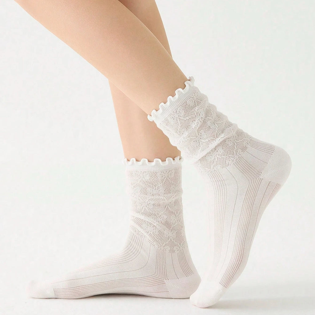 3 Pairs Women Socks Spring Summer Solid Color Thin Mesh Breathable Cute Lace Fashion Korean Style Long Socks for Women