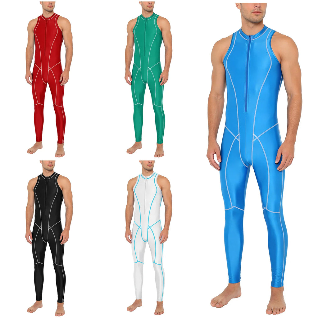 Men Swimwear Rash Guard Wetsuit Oil-shiny Zipper Jumpsuit Bathing Suit Beachwear for Beach Pool Diving Surfing Pool Water Sports
