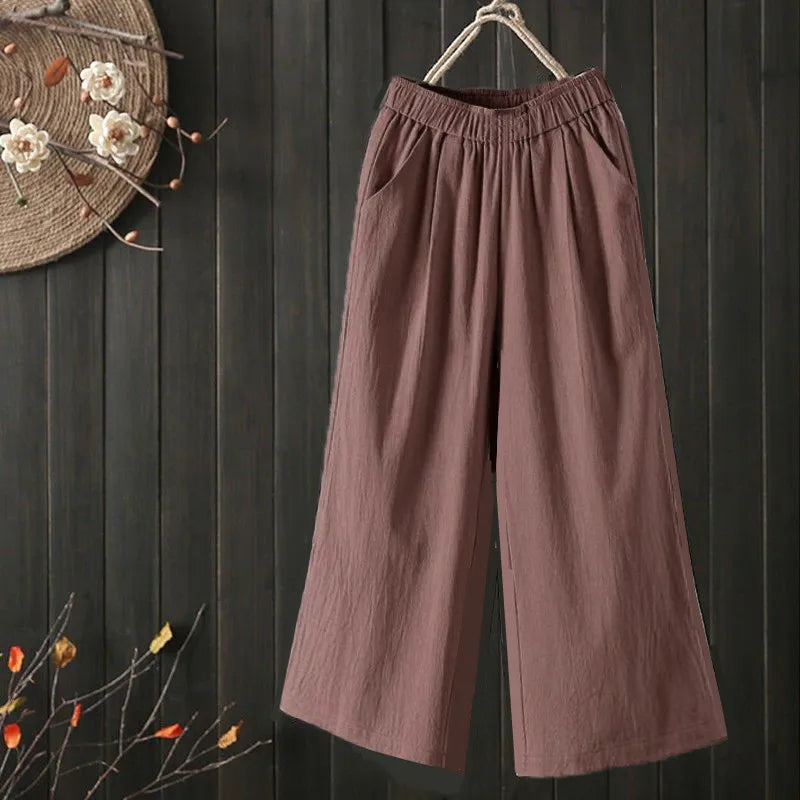 Pure Cotton Wide Leg Pants Women's Summer Loose Mom Large Size Cotton Nine Points Casual Pants High Waist Straight Cut Trousers