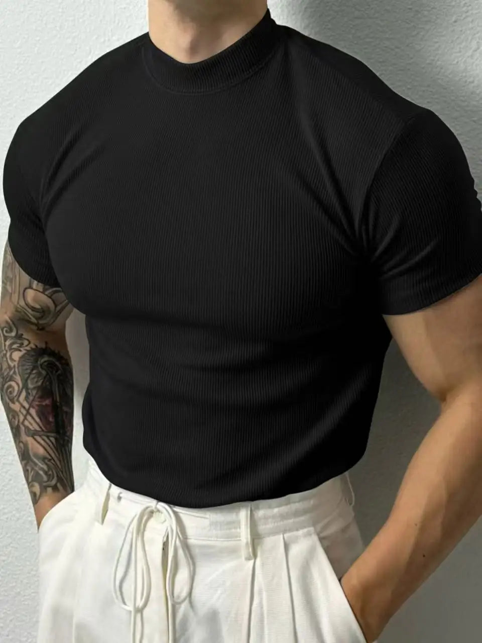 Men sportswear spring summer fashion Men's T-shirt Small high collar stripe shirt short sleeve fitness top leisure sport T-shir