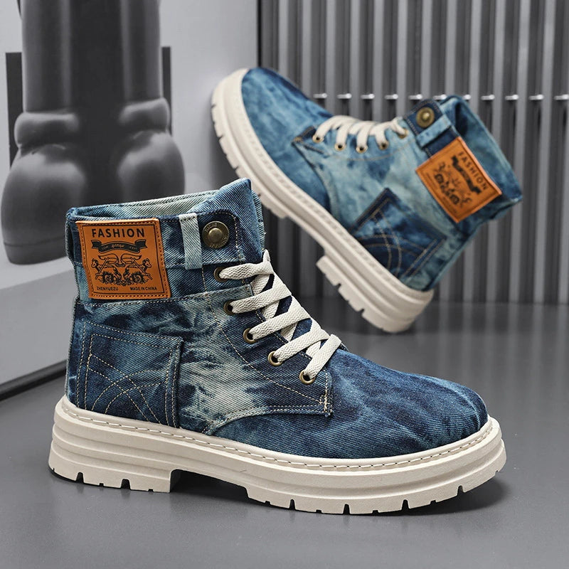 Men'S Denim High Top Boots Vintage Washed Blue Canvas Platform Shoes Lace Up Casual Combat Boots For Streetwear And All Seasons