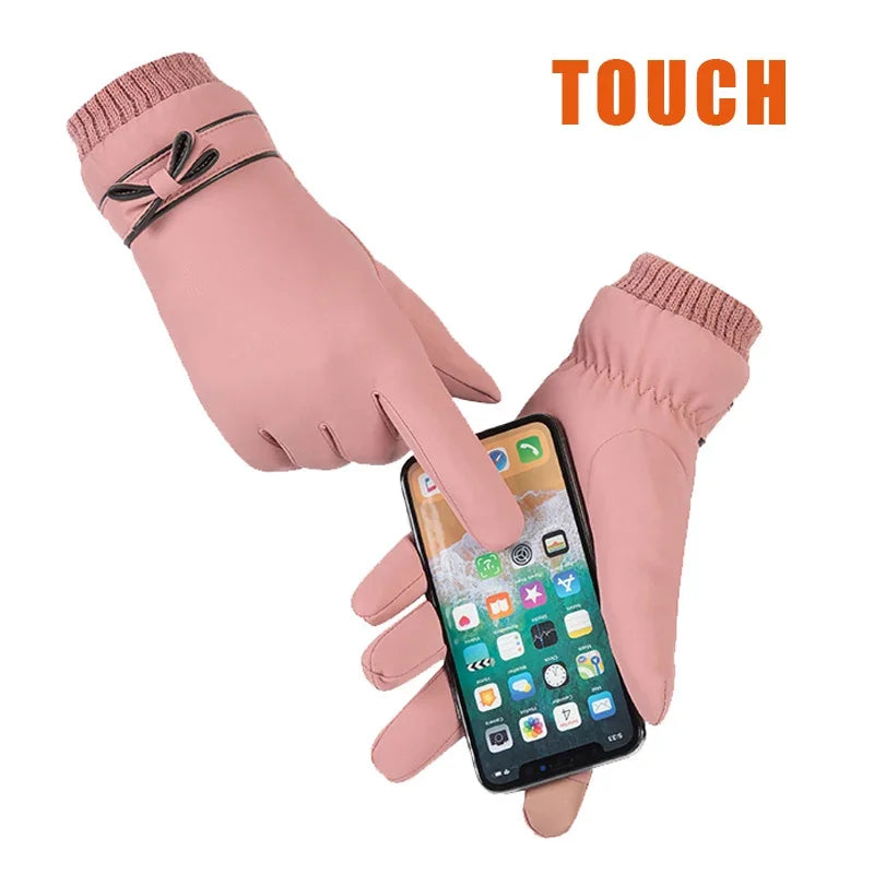 Fashion Winter Women Gloves Windproof Internal Plush Warm Lady Mittens Touch Screen Skin-friendly Soft PU Leather Female Gloves