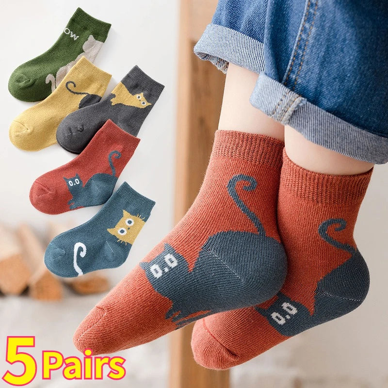 5/10 Pairs Kids Socks Autumn Winter Middle Tube Sock Cartoon Cat Pattern Comfortable Breathable Children Socks For Boys Girls