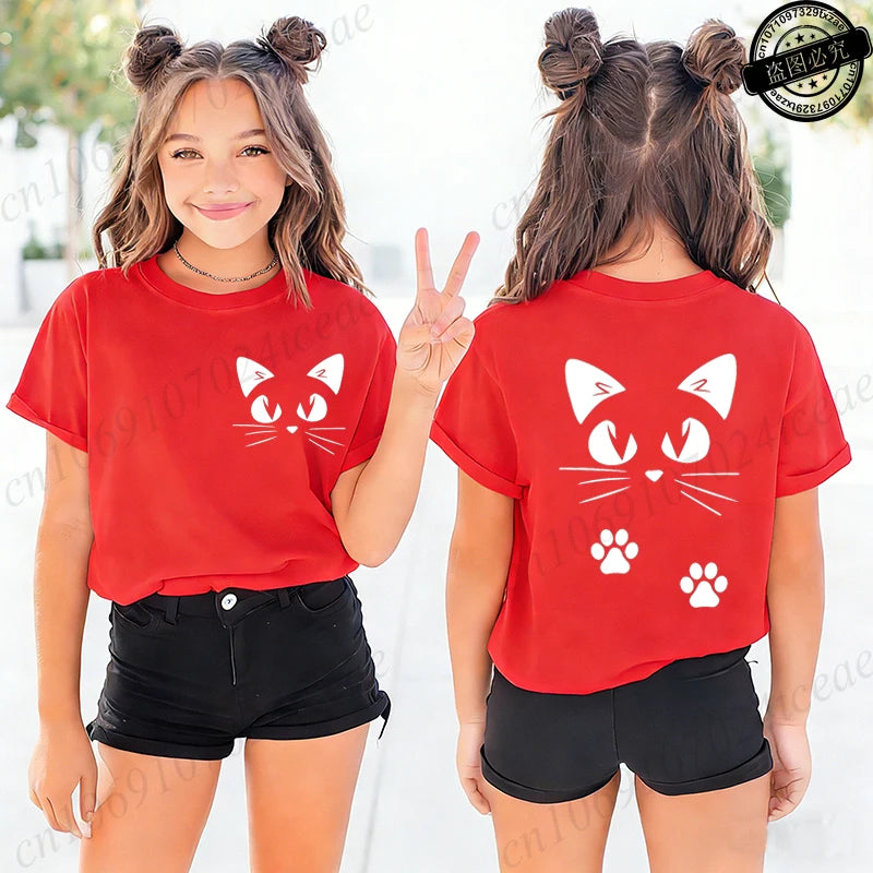 Summer Girls T-shirts Clothes Kid Girls Tshirts Casual Clothes Kwaii Cat Anime Print Cotton T-shirts Anime Children Fashion Tops