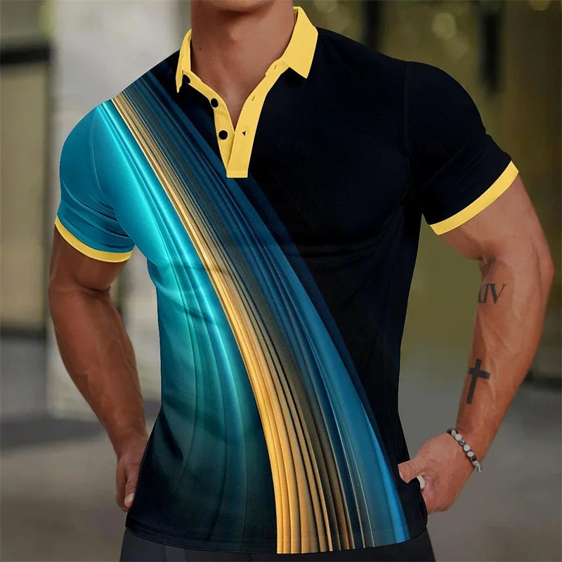 3D Printed Colorful Stripes Polo Shirt For Men Fashion Pattern Short Sleeves Summer Casual Lapel Tops Oversized Tees T-Shirts