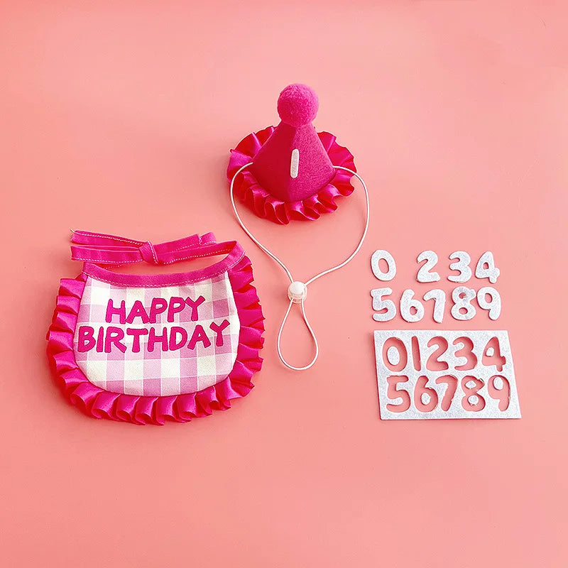 Pet Hat & Bib Set for Cats Birthday , Kitty Party Dress-up Costume Accessories, Adjustable Bandana Photo Props for Celebration