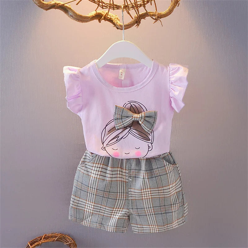 Kid Baby Girl Clothes Set Ruffle Sleeve Bow T-shirt+Plaid Short Pant 2Pcs Girl Suit Casual Cotton Children Clothing Outfit A875