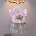 Kid Baby Girl Clothes Set Ruffle Sleeve Bow T-shirt+Plaid Short Pant 2Pcs Girl Suit Casual Cotton Children Clothing Outfit A875