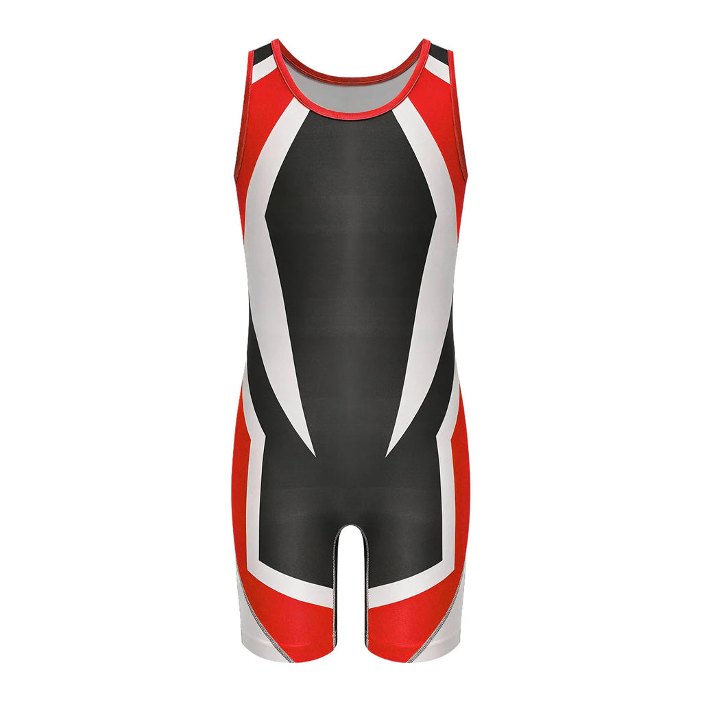 Kids Boys Exercise Wrestling Singlet Color Block Jumpsuit Sleeveless Quick-dry Thigh Length Bodysuit Sports Workout Cycling Set