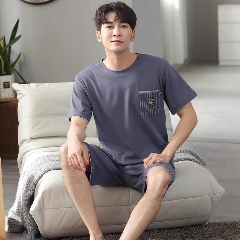 MiiOW 2Pcs Men's Pajamas Set Summer O-neck Mens Short Sleeve Homewear Big SIze L-3XL Man Sleepwear Cotton Breathable Men Pajamas
