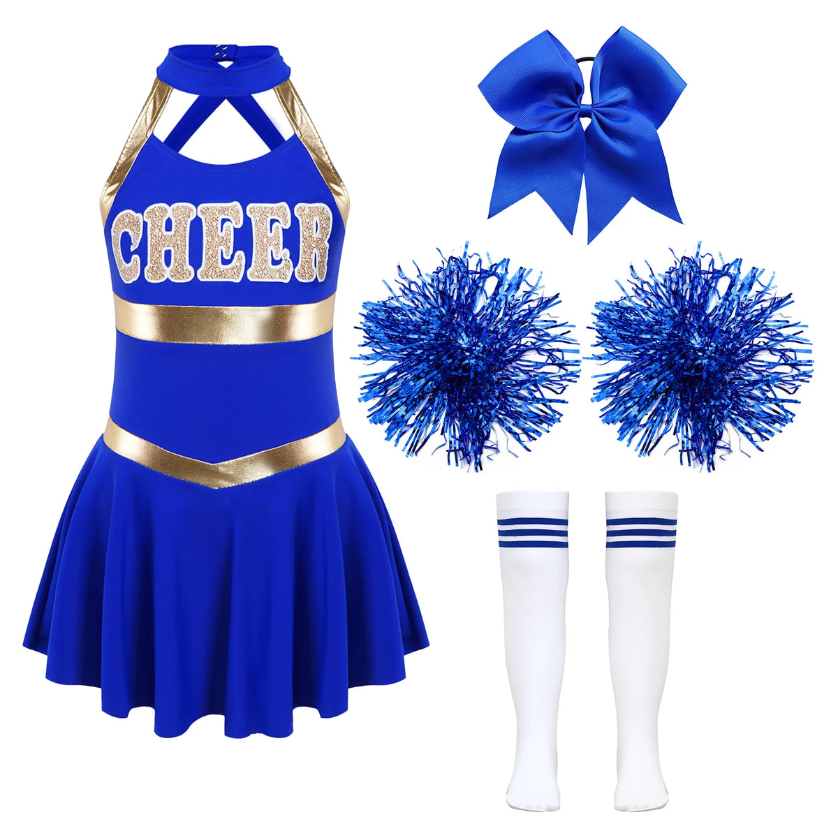 Kids Girls Cheerleading Costumes Childs Sleeveless Dress Hand Flowers Striped Socks Dancewear Sets Schoolgirl Cheer Dance Suits