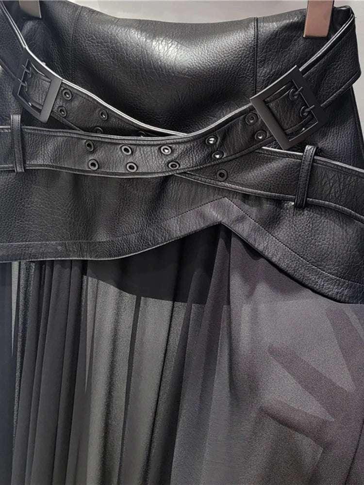 DEAT Women's Skirt Solid Color Patchwork Pu Leather Black Mesh Belt A-line High Waist Long Skirt Summer New Fashion 29L8139