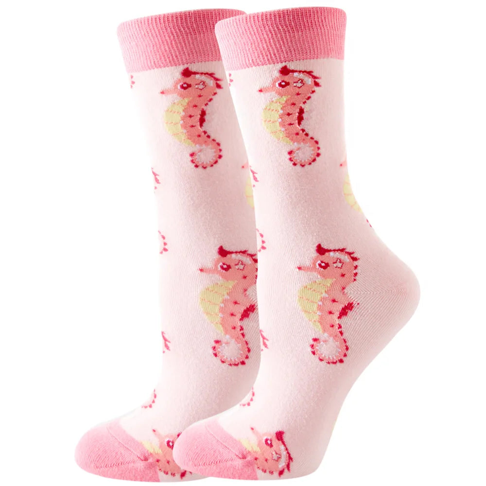 Women Socks Cartoon Animal Cute Printing Kawaii Calcetines Funny Sheep, Rabbit, Hedgehog, Flamingo, Seahorse Colour Socks