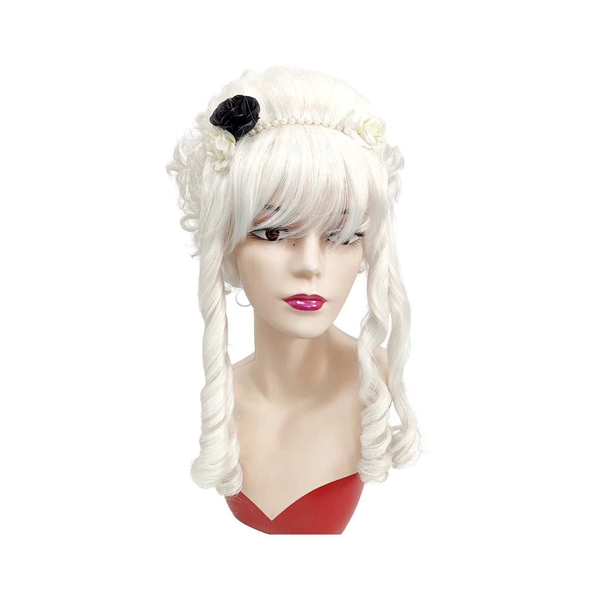 White Curly Updo Synthetic Wig Floral Gothic Rococo Victorian Women Halloween Lolita Cosplay Party Costume Hairpiece