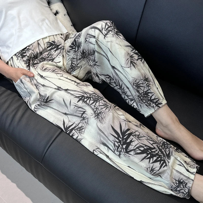 Cool Summer New Silk Cotton Spwear Loose Women's Wide Leg Pants Home Wear Floral Print Heat Resistant Comfortable Casual T...