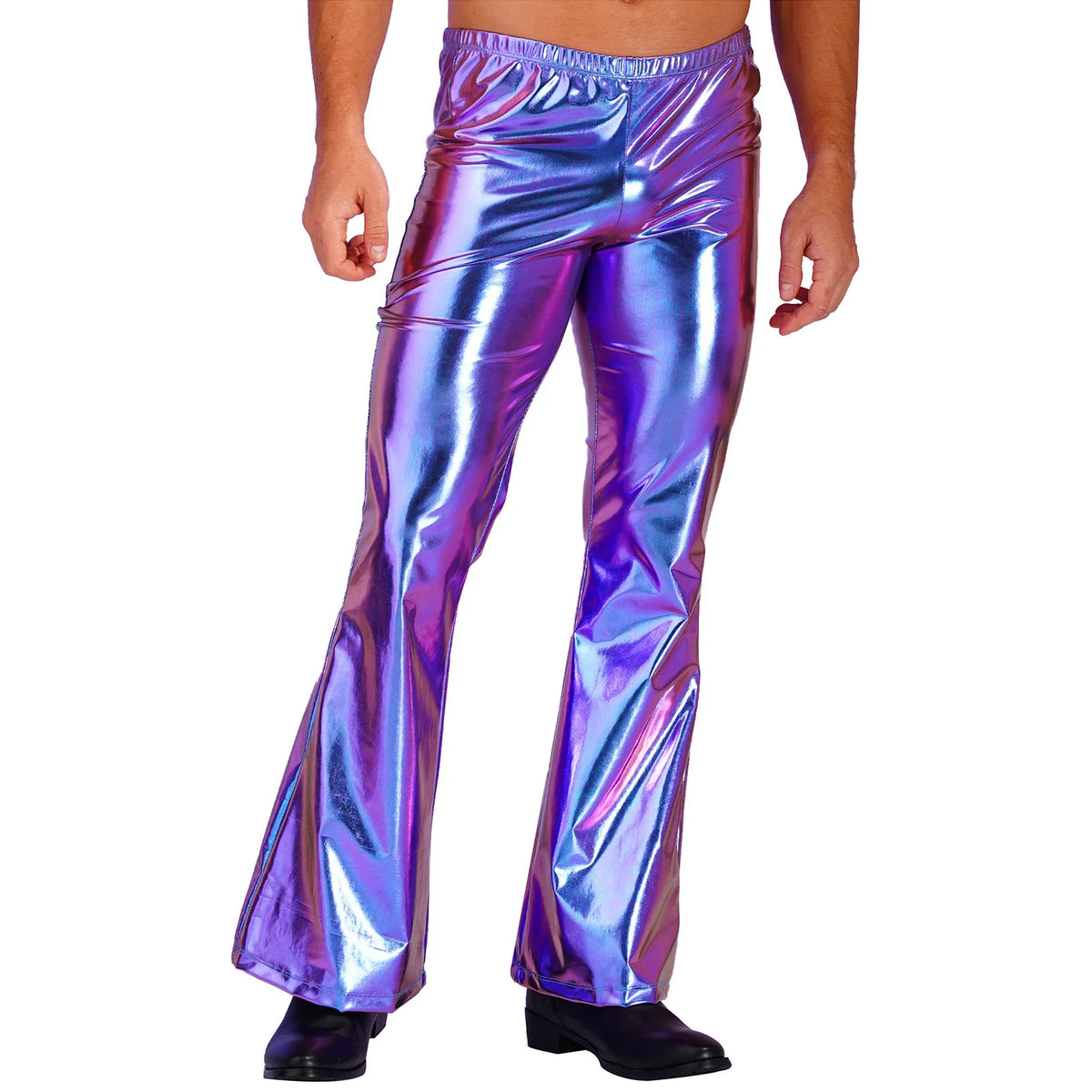 Mens Shiny Metallic 70s Disco Flared Pants Hippie Vintage Hip Hop Carnival Performance Costume Sequins Bell Bottoms Trousers