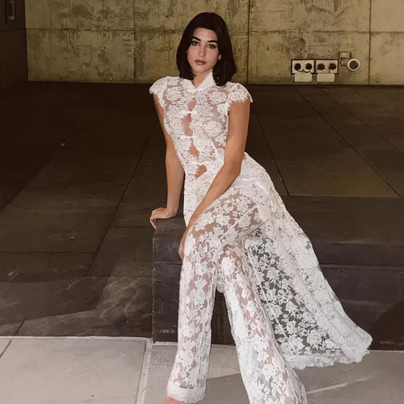 White Lace Embroidery Pant Suit Women Stand Neck Sleeveless Hollow-out Waist Cinching See Through Set Lady Summer Sheer Outfit