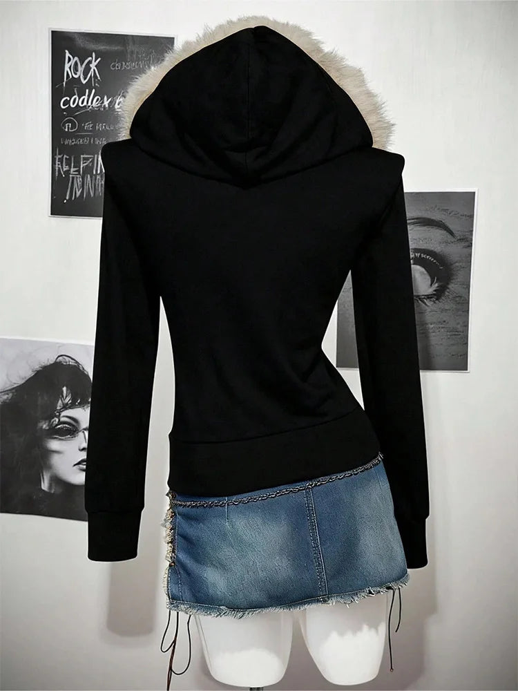 Y2K Harajuku Gothic Women's Hoodie Sexy Slim Chic Suede Fur Collar Letter Print Cardigan Sweatshirt  Female Streetwear