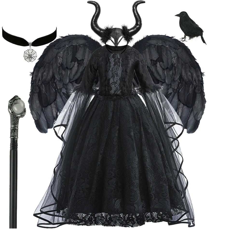 Kids Halloween Costumes Witch Dress Dark Theme Girls Party Dresses Children Lace Sleeves Evil Queen Luxury Carnival Gown