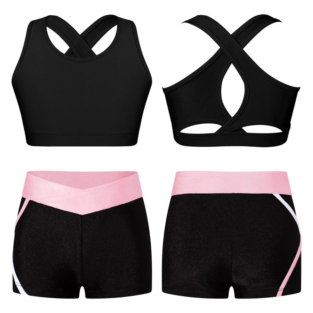 Kids Girls Summer Sports Set Sleeveless Cross Rear Crop Top with Low Rise Shorts Gymnastics Yoga Fitness Cycling Dance Outfits