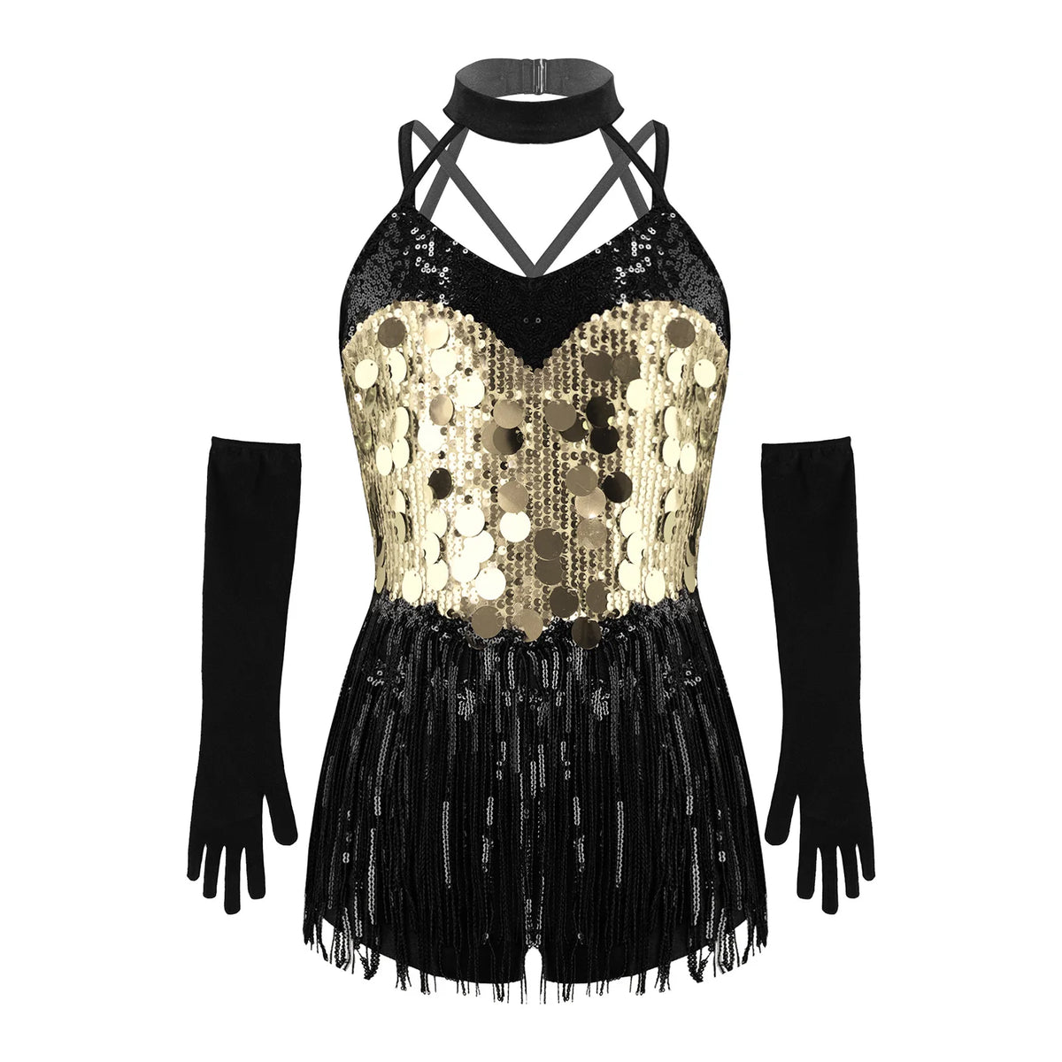 Kids Girls Latin Dance Dress Halter Sleeveless Shiny Sequins Fringed Leotard with Gloves Tango Samba Salsa Ballroom Dancewear