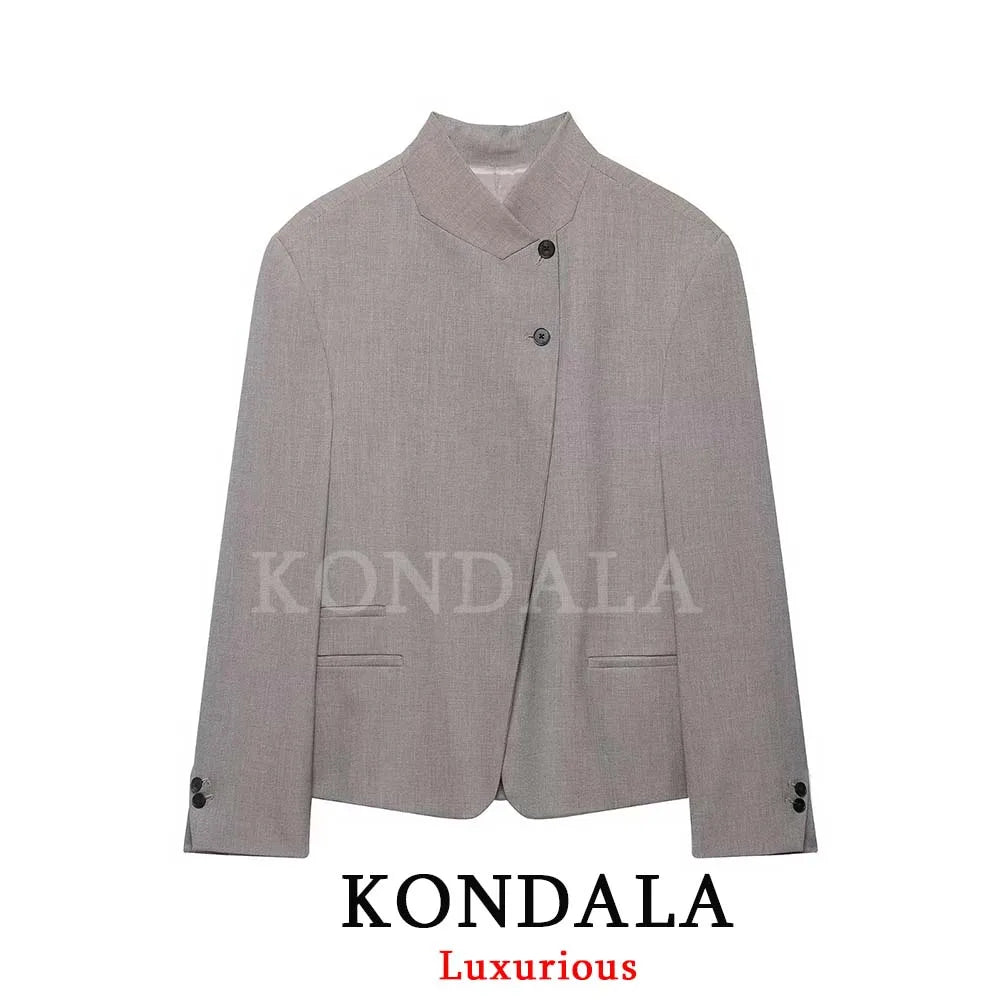KONDALA Vintage Office Lady Gray Solid Blazer Stand Collar Long Sleeve Loose Blazer Fashion 2026 Spring Summer Casual Blazer