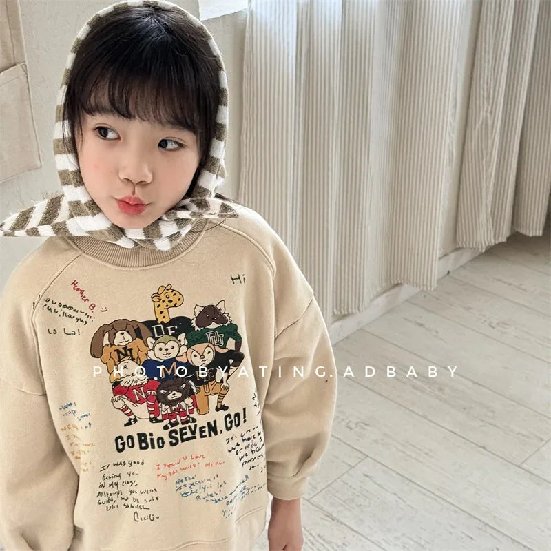 Kids Fleece Sweatshirt Winter Boys Girls Korean Style Warm Pullover Top Long Sleeve Toddler Baby Clothes Cotton Thick Unisex